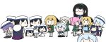  6+girls :t bangs black_hair blue_hair blush chibi closed_mouth colored_tips commentary_request daitou_(kantai_collection) eating food freckles glasses gradient_hair hachijou_(kantai_collection) hair_ribbon hairband hat hiburi_(kantai_collection) kantai_collection kunashiri_(kantai_collection) long_hair long_sleeves lying matsuwa_(kantai_collection) multicolored_hair multiple_girls multiple_persona on_stomach ooyodo_(kantai_collection) open_mouth pink_hair pon_(0737) purple_hair ribbon sado_(kantai_collection) sailor_collar sailor_hat school_uniform serafuku shaded_face shimushu_(kantai_collection) shimushu_pose simple_background sitting standing sweat tsushima_(kantai_collection) two_side_up white_background white_headwear 