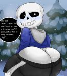  2019 animated_skeleton anterior_nasal_aperture big_butt blue_clothing blue_hoodie blue_topwear bodily_fluids bone bottomwear butt butt_focus clothing dialogue english_text grin hi_res hoodie humanoid looking_at_viewer looking_back loversdoublex male not_furry sans_(undertale) shorts skeleton smile snow snowing solo sweat teeth text topwear tree undead undertale video_games white_body 