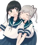  2girls artist_logo black_eyes black_hair blue_neckerchief blue_sailor_collar blue_skirt closed_eyes commentary_request fubuki_(kancolle) grey_hair hair_ribbon highres kantai_collection long_hair low_ponytail ma_rukan multiple_girls neckerchief pleated_skirt ponytail red_ribbon ribbon sailor_collar short_ponytail sidelocks simple_background skirt usugumo_(kancolle) white_background 