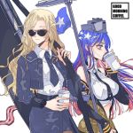  2girls american_flag anno88888 bangs bare_shoulders belt black_belt black_neckwear blonde_hair blue_eyes blue_hair blue_jacket blue_neckwear bomber_jacket closed_mouth coffee cup detached_sleeves disposable_cup drinking english_text flag gun_case highres holding holding_cup holding_staff hornet_(kantai_collection) jacket kantai_collection long_hair long_sleeves multiple_girls necktie pencil_skirt red_hair shirt simple_background skirt south_dakota_(kantai_collection) staff star_(symbol) sunglasses watch white_background white_hair white_shirt wristwatch 
