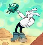  adventure_time alien anthro athro black_eyes bmo boots cartoon_network clothing concerned desert duo eyebrows female footwear genderless_(disambiguation) happy hi_res lagomorph leporid long_ears machine mammal mashpotato rabbit robot sand y5 