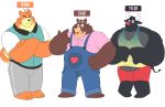  2020 anthro black_body black_fur bottomwear bovid bovine brown_body brown_fur cade_(the_human_heart) canid canine canis cattle clothing domestic_dog fur group hi_res leonthelionel male mammal orange_body orange_fur overalls overweight overweight_male pants rorik_(the_human_heart) shirt shorts simple_background the_human_heart_(game) topwear tyler_(the_human_heart) ursid video_games visual_novel white_background 