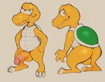  2020 3_fingers 3_toes anthro backsack balls big_penis black_eyes blush claws daftpatriot fingers front_view genitals green_body green_scales grey_background grey_body grey_scales half-closed_eyes hands_on_hips humanoid_genitalia humanoid_penis koopa_troopa leaning leaning_forward male mario_bros multiple_angles narrowed_eyes nintendo nude penis rear_view scales scalie simple_background solo standing toe_claws toes video_games white_claws yellow_balls yellow_penis 
