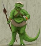  2020 allosaurid allosaurus anthro armwear belly breasts clothed clothing dinosaur doctordj female forest green_body green_scales green_tail hi_res holding_object holding_weapon melee_weapon navel non-mammal_breasts overweight overweight_anthro overweight_female polearm reptile scales scalie sharp_teeth spear teeth theropod tree tribal weapon yellow_eyes 