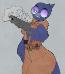 anthro avian bird black_body blue_eyes bottomwear brown_bottomwear brown_clothing brown_jacket brown_pants brown_topwear clothing corvid corvus_(genus) doom_(the_bad_guys) dreamworks eyewear feathers female hi_res jacket nupi oscine pants passerine purple_body raven smoke solo sunglasses the_bad_guys topwear tranquilizer