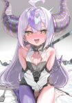  1girl ahoge ball_gag bare_shoulders bed_sheet between_legs black_horns braid braided_bangs breasts cleavage collar collarbone collared_dress commentary cross-laced_clothes cross-laced_dress cuffs demon_horns detached_sleeves double-parted_bangs dress fangs gag grey_dress grey_hair hair_between_eyes halter_dress halterneck hand_between_legs handcuffs heart heart-shaped_pupils highres hololive horns kanzarin la+_darknesss la+_darknesss_(1st_costume) leash leash_pull long_hair long_sleeves looking_at_viewer metal_collar multicolored_hair open_mouth pantyhose pointy_ears purple_hair purple_pantyhose short_dress sidelocks single_bare_foot single_leg_pantyhose sitting skin_fangs sleeveless sleeveless_dress slit_pupils small_breasts solo straight-on streaked_hair striped_horns symbol-shaped_pupils tail tongue tongue_out very_long_hair viewer_holding_leash virtual_youtuber wariza white_sleeves wiffle_gag yellow_eyes 