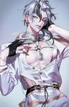  1boy abs aiguillette areola_slip bare_pectorals bell belt bishounen black_belt black_gloves black_hair bracelet buttons cleavage_cutout clothing_cutout cowboy_shot dated ear_piercing earrings english_commentary eyeshadow fake_nails gem gloves green_eyes grey_background grey_hair hair_between_eyes half_gloves hand_in_own_hair hand_up highres jacket jewelry jingle_bell long_sleeves looking_at_viewer low_ponytail makeup male_focus mandarin_collar medium_hair mole mole_on_chest mole_under_mouth multicolored_hair necklace nipples nu_carnival open_clothes owner_bird pants parted_lips partially_fingerless_gloves pectoral_cleavage pectorals piercing ponytail rei_(nu_carnival) shirt short_hair simple_background single_earring smile solo streaked_hair sweater_guard tassel tassel_earrings teeth toned toned_male twitter_username two-tone_hair upper_body very_long_fingernails white_jacket white_shirt 