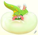 2016 absurd_res alex_(joltink) ambiguous_gender anthro big_tail brown_eyes bubble bubble_bobble bubble_dragon clothing glistening glistening_body glossy_body green_body green_clothing hi_res looking_at_viewer lying on_bubble on_front open_mouth pose simple_background solo square_enix stormdragonblue tail taito tongue tongue_out vulpinekeyblader white_background yellow_cheeks