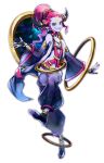  1girl bangle bracelet colored_skin crescent crescent_earrings detached_sleeves earrings flat_chest green_eyes grin harem_outfit hoopa jewelry kantarou_(8kan) long_hair nail_polish necklace oversized_bangle personification pokemon purple_skin red_hair simple_background smile solo standing standing_on_one_leg white_background wide_sleeves 