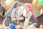  2girls absurdres balloon bang_dream! bang_dream!_it&#039;s_mygo!!!!! black_ribbon blue_flower blue_hair blue_rose bouquet cake chihaya_anon closed_eyes commentary commission dress english_commentary fang feeding flower food fries_vanquisher grey_dress grey_skirt hair_ribbon highres holding holding_sword holding_weapon indoors long_hair long_sleeves multiple_girls no_shoes open_mouth pinafore_dress pink_hair pixiv_commission plaid_clothes plaid_dress plaid_skirt ribbon rose shirt sidelocks skirt sleeveless sleeveless_dress socks sword teeth togawa_sakiko upper_teeth_only weapon white_shirt white_socks 