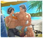  2boys aelys77 angeal_hewley aqua_eyes beach beach_umbrella beard black_hair black_male_swimwear buster_sword chinstrap_beard corn corn_cob crisis_core_final_fantasy_vii crossed_legs dated facial_hair feet_out_of_frame final_fantasy final_fantasy_vii final_fantasy_vii_ever_crisis floral_print food hand_on_another&#039;s_chin holding holding_food inflatable_sword looking_at_another male_focus male_swimwear medium_hair multiple_boys muscular muscular_male ocean palm_tree parted_bangs sitting spiked_hair topless_male tree umbrella white_male_swimwear yaoi zack_fair zack_fair_(tropical_beach) 