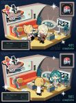  4girls :d absurdres adversarial_noise black_boots blonde_hair blue_eyes blue_hair boots bulletin_board chair chibi closed_eyes coat dress fish_tank floorplan green_eyes grey_boots grey_dress hair_bun hair_over_one_eye helmet highres hissabeth jacket kiperina long_hair multiple_girls office office_chair one_eye_covered open_mouth pixel_text plant pointer_(reverse:1999) potted_plant push-button reverse:1999 rocket short_hair smile snake snake_on_head space_helmet spacesuit swivel_chair table tn_kn1000 white_coat white_hair white_jacket windsong_(reverse:1999) 