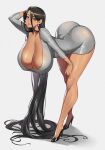  1girl absurdres bent_over black_hair breasts brown_hair cleavage collarbone commentary_request curvy dark-skinned_female dark_skin dongtan_dress dress grey_dress gurimjang hanging_breasts high_heels highres huge_breasts large_breasts long_hair long_legs long_sleeves looking_at_viewer mature_female original pinky_out simple_background smile solo taut_clothes taut_dress thick_thighs thighs tight_clothes tight_dress very_long_hair white_background 