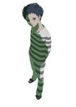  1boy arms_behind_back black_hair blue_eyes child closed_mouth commentary full_body highres hnmrargk long_sleeves looking_at_viewer male_focus mole mole_under_eye pants persona persona_3 pharos shadow shirt short_hair simple_background smile solo standing striped_clothes striped_pants striped_shirt symbol-only_commentary white_background 
