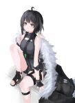  1girl aenga_1011 ahoge arknights bare_shoulders black_coat black_gloves black_hair black_sandals breasts closed_mouth coat commentary_request fingerless_gloves foot_out_of_frame gloves grey_eyes highres korean_commentary la_pluma_(arknights) leg_up looking_at_viewer medium_breasts mixed-language_commentary sandals short_hair simple_background sitting sleeveless sleeveless_jacket solo thigh_strap white_background 