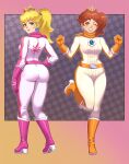  2girls absurdres ass belt biker_daisy biker_peach bird blonde_hair blue_eyes bodysuit boots breasts brooch brown_hair checkered_background clenched_hands commission commissioner_upload corner crow earrings flower_brooch flower_earrings from_behind full_body gloves grin hand_on_own_hip hands_up high_heel_boots high_heels highres jewelry knee_boots looking_at_viewer luchidart mario_(series) mario_kart mario_kart_world medium_breasts medium_hair multiple_girls non-web_source official_alternate_costume official_alternate_hairstyle one_eye_closed orange_belt orange_boots orange_gloves orange_scarf pink_belt pink_boots pink_gloves pink_lips pink_scarf ponytail princess_daisy princess_peach scarf side_ponytail smile sphere_earrings teeth white_bodysuit 