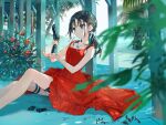  1girl ammunition aqua_eyes bandaid bandaid_on_hand beach black_hair blurry blurry_foreground bow choppy_bangs closed_mouth clothes_spread_out collarbone commentary day depth_of_field dress english_commentary expressionless feet_out_of_frame fingernails flower frilled_dress frills gun hair_bow handgun hands_up highres holding holding_gun holding_weapon jewelry magazine_(weapon) navel necklace ocean on_ground original outdoors palm_tree pier plant red_dress red_flower red_nails ring signature sitting sleeveless sleeveless_dress solo thigh_strap tiv tree twintails water weapon white_bow 