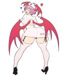  1girl ass back_cutout bat_wings black_thong celebelian clothing_cutout darkstalkers fang garter_straps hat head_wings heart high_heels highres lilith_(darkstalkers) nurse nurse_cap one_eye_closed partially_visible_vulva pointy_ears purple_hair short_hair solo thick_thighs thighhighs thighs wings 