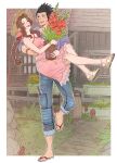  1boy 1girl aerith_gainsborough alternate_costume bangle barrel border bracelet braid braided_ponytail breasts carrying closed_eyes couple cross_scar crylin6 dress final_fantasy final_fantasy_vii flower hair_ribbon hair_slicked_back halter_dress halterneck hat hetero highres house jewelry long_hair looking_at_another medium_breasts open_mouth pants pants_rolled_up parted_bangs pink_dress pink_ribbon plant potted_plant princess_carry red_flower ribbon sandals scar scar_on_cheek scar_on_face short_hair sideburns sidelocks single_braid smile straw_hat sun_hat wedge_heels white_border zack_fair 