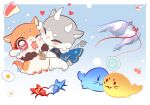  2boys absurdres animalization astercatto beetle bird biting biting_cheek blue_cape blue_ribbon blush_stickers bug cape cherry chimera_(honkai:_star_rail) commentary dove egg english_commentary fig_stew_(honkai:_star_rail) food fruit gold_necklace highres honkai:_star_rail honkai_(series) jewelry male_focus multiple_boys mydei_(honkai:_star_rail) necklace phainon_(honkai:_star_rail) phainon_(vigethos)_(honkai:_star_rail) red_ribbon ribbon tears 