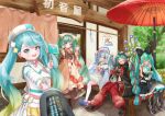 6+girls absurdres apron aqua_eyes aqua_hair aqua_nails aqua_trim black_bow black_jacket black_shoes blonde_hair blush boots bow bowl bowtie closed_eyes closed_mouth cropped_jacket dress flag frilled_apron frills gloves gradient_hair green_eyes green_hair hair_between_eyes hair_bow hair_ornament hatsune_miku highres holding holding_bowl holding_flag holding_hands holding_ice_cream_cone ice_cream_cone ikraaa_204 jacket japanese_clothes kimono long_hair long_sleeves looking_at_another looking_at_viewer magical_mirai_(vocaloid) magical_mirai_miku magical_mirai_miku_(2016) magical_mirai_miku_(2023) magical_mirai_miku_(2024) multicolored_hair multiple_girls navel number_earrings official_alternate_costume official_alternate_hairstyle open_clothes open_jacket open_mouth orange_kimono pants pink_bow pink_bowtie pleated_skirt pov pov_hands red_hair red_pants shoes sign sitting skirt sleeveless sleeveless_dress smile thigh_boots thighhighs translation_request twintails umbrella very_long_hair vocaloid white_gloves white_jacket white_thighhighs wide_sleeves yellow_skirt yuki_miku yuki_miku_(2023) yuki_miku_(2024) 