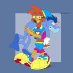 1:1 accipitrid accipitriform alternate_costume anthro avian bird bottomwear clothing clothing_swap dizzy_eyes duo eagle eyewear feathers fish footwear glasses gloves handwear headgear hi_res holding_another male marine shark shark_tail shirt shoes shorts sunnystoonhouse tail tail_feathers topwear