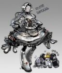  1girl boots character_name colored_skin commentary_request creature_and_personification detached_sleeves flying_sweatdrops gradient_background grey_background grey_boots grey_hair grey_skin grey_skirt highres kantarou_(8kan) long_hair melmetal open_mouth orange_eyes personification pokedex_number pokemon registeel simple_background skirt standing 