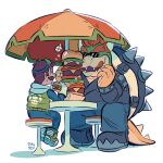  2boys absurdres armlet artist_name black_jacket bowser bracelet burger closed_mouth commentary denim didy414 food furry furry_male green_jacket highres holding holding_burger holding_food horns jacket jeans jewelry looking_at_another looking_at_food luigi mario_(series) mario_kart mario_kart_tour multiple_boys open_mouth pants red_hair signature spiked_armlet spiked_bracelet spiked_shell spiked_tail spikes sunglasses sweatdrop symbol-only_commentary tail tongue tongue_out under_umbrella white_background 