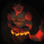  5/5) absurd_res anthro anthrofied apology black_arms bottomwear canid canine canis clothing fire_belt furrowed_brow generation_7_pokemon gray_torso harsh_lighting hi_res hybrid incineroar lukecrossaint male mammal moody_lighting nintendo pokemon pokemon_(species) raffle red_arms shorts simple_background smile solo striped_body stripes wolf 