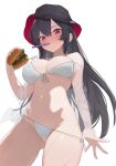  1girl absurdres ass_visible_through_thighs bare_shoulders bikini bikini_bottom_pull black_hair black_hat blush breasts bucket_hat burger cleavage commission cowboy_shot cup drinking_glass drinking_straw food from_below front-tie_bikini_top front-tie_top hand_up hat highres holding holding_food illien_(illien) large_breasts long_hair looking_at_viewer miniskirt mouth_hold navel nbee_ya off_shoulder open_clothes open_shirt original pulling_own_clothes red_eyes second-party_source see-through_clothes see-through_shirt see-through_skirt shirt side-tie_bikini_bottom simple_background skirt solo spaghetti_strap stomach straight_hair strap_slip string_bikini swimsuit thighs very_long_hair wet white_background white_bikini 