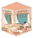  1girl bed bed_sheet black_hair blue_sky bob_cut book bottle carton chair commentary_request curtains day desk desk_lamp diorama falling_leaves floating_curtains from_behind hanging_light highres indoors lamp leaf limited_palette long_sleeves ma_(mamamauuuuu) monitor open_window orange_shirt orange_shorts orange_theme original pile_of_books pillow plant potted_plant rug shelf shirt short_hair shorts sitting sky slice_of_life slippers solo towel wide_shot wind window wooden_chair 