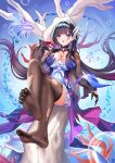  1girl absurdres air_bubble artist_name asymmetrical_gloves bead_necklace beads black_gloves black_hair black_thighhighs blue_background blunt_bangs blush breasts bubble cleavage commentary coral dress earrings feet fish gloves gradient_background gradient_hair hair_ornament hand_up highres honkai:_star_rail honkai_(series) hysilens_(honkai:_star_rail) jewelry large_breasts legs long_sleeves looking_at_viewer mismatched_gloves multicolored_dress multicolored_hair necklace no_shoes open_mouth pearl_earrings pearl_necklace print_sleeves purple_dress purple_eyes red_gloves see-through_clothes see-through_sleeves sitting soles solo thighhighs thighs toe_seam toes torn_clothes torn_thighhighs underwater water x_hair_ornament zekong_pioneer 