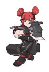  1girl aiming axe black_boots black_gloves black_pants boots chinese_clothes closed_mouth commentary cz75_(girls&#039;_frontline) double_bun faye_(girls&#039;_frontline_2) full_body girls&#039;_frontline girls&#039;_frontline_2:_exilium gloves hair_bun holding holding_axe holding_weapon natawaru pants red_eyes red_hair scope simple_background single_glove sitting solo symbol-only_commentary weapon white_background 