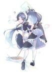  1girl ? absurdly_long_hair absurdres alternate_costume apron aqua_halo aqua_ribbon aris_(blue_archive) aris_(maid)_(blue_archive) back_bow black_dress black_hair black_shoes blue_archive blue_eyes bow bubble cleaning clothes_lift collared_dress commentary contrast_collar dress dress_lift enmaided frilled_apron frilled_dress frills full_body grey_hair gyuromi158 hair_behind_ear halo high_ponytail highres holding holding_mop kei_(robot)_(blue_archive) leaning_forward light_blush long_hair long_sidelocks looking_back maid maid_apron maid_headdress mary_janes mop neck_ribbon number_print official_alternate_costume official_alternate_hairstyle open_mouth pantyhose parted_bangs ponytail puffy_short_sleeves puffy_sleeves rectangular_halo ribbon ringed_eyes shoes short_sleeves sidelocks simple_background solo standing standing_on_one_leg very_long_hair white_apron white_background white_bow white_headdress white_pantyhose 