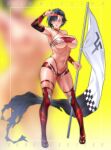  1girl adjusting_eyewear armpits artist_name bandeau black_hair blush boots breasts choker commentary commission covered_nipples erde00 eyewear_lift eyewear_on_head female_pubic_hair flag full_body hand_on_eyewear highleg highleg_panties highres holding holding_flag inset_border large_breasts looking_at_viewer micro_panties navel original panties parted_lips partially_visible_vulva pixiv_commission pubic_hair pubic_hair_peek race_queen red-tinted_eyewear red_boots red_choker red_eyes red_panties short_hair solo standing sunglasses sweat thigh_boots thigh_strap tinted_eyewear underwear 