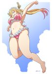  1girl armpits bikini blonde_hair blush breasts cloud cloudy_sky eyebrows eyebrows_visible_through_hair eyes_closed frilled_bikini frills from_below gradient_hair groin horns jumping kobayashi-san_chi_no_maidragon kouda_tomohiro large_breasts long_hair maid_headdress multicolored_hair navel open_mouth outstretched_arms shiny shiny_hair shiny_skin sky solo spread_arms striped striped_bikini swimsuit swimwear tooru_(maidragon) very_long_hair 