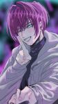  +_+ 1boy aijou_rentarou black_sweater blurry blurry_background blurry_foreground blush brown_jacket casual dr.k_(doctorkodok) earrings female_pov finger_to_cheek genderswap genderswap_(ftm) green_eyes grin hair_intakes highres jacket jewelry kimi_no_koto_ga_dai_dai_dai_dai_daisuki_na_100-nin_no_kanojo male_focus one_eye_closed out_of_frame patterned_hair pointing pov pov_hands purple_hair saiki_himeka short_hair smile star_(symbol) star_earrings sweater teeth turtleneck turtleneck_sweater upper_body v-shaped_eyebrows 