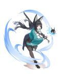  1girl absurdres animal_ear_fluff animal_ears black_gloves black_hair black_pantyhose black_skirt boots bright_pupils brown_pantyhose fingerless_gloves fox_ears fox_girl full_body gloves hair_ornament hairclip high_heels highres holding holding_sheath holding_sword holding_weapon hoshimi_miyabi jacket katana long_hair long_sleeves looking_at_viewer luole_yidian_mo pantyhose pleated_skirt red_eyes sheath sheathed shirt simple_background skirt smile solo standing sword tachi_(weapon) very_long_hair weapon white_background white_pupils white_shirt wide_sleeves zenless_zone_zero 