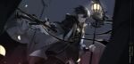  1boy army black_capelet black_hair black_jacket black_pants black_tabard blurry capelet copyright_name cowboy_shot depth_of_field dutch_angle evil_smile eyepatch grey_shirt hair_between_eyes highres holding holding_pitchfork holding_staff holding_sword holding_weapon jacket lantern long_sleeves looking_ahead magic male_focus night open_clothes open_hand open_jacket orange_pupils pants parted_lips pitchfork pixiv_fantasia pixiv_fantasia_revenge_of_the_darkness puffy_long_sleeves puffy_sleeves purple_eyes shirt short_hair shuai sleeveless sleeveless_jacket smile solo_focus staff standing stole sword tabard turtleneck turtleneck_shirt weapon 