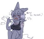 2024 anthro black_clothing black_crop_top black_shirt black_topwear bodily_fluids bottomwear breasts canid canine canis chest_tuft clothed clothed_anthro clothed_female clothing crop_top cute_fangs digital_media_(artwork) domestic_dog english_text eyebrows eyes_closed fangs fanning fanning_self female female_anthro front_view fur hair handwritten_text mammal midriff mini_(puppy_in_space) musk open_mouth puppy_in_space shirt shorts simple_background sitting sleeveless_clothing smelly solo sweat sweat_fetish sweaty_body sweaty_face sweaty_fur tail teeth text topwear tuft white_background