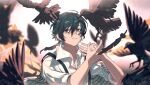  1boy bird black_eyes black_hair closed_mouth coat collared_shirt crow crow&#039;s_eye_view_(e.g.o) feathers grey_background highres kiscript limbus_company looking_at_viewer male_focus project_moon shirt short_hair simple_background solo striped_coat suspenders upper_body white_coat white_shirt yi_sang_(project_moon) 