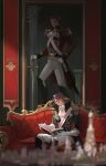  1boy ace_attorney aristocratic_clothes arrow_cross ascot banner barok_van_zieks belt belt_buckle black_belt black_boots black_jacket book boots buckle buttons chinese_commentary closed_mouth commentary_request couch cross curtained_hair elbow_gloves epaulettes gloves greek_cross hand_on_hilt high_collar highres holding holding_book indoors jacket klint_van_zieks knee_boots lapels long_sleeves long_sword looking_to_the_side male_focus model_building on_couch pants pingping93 purple_hair red_jacket sash scabbard sheath sitting standing striped_clothes striped_pants sword the_great_ace_attorney weapon white_ascot white_gloves white_pants white_sash wide_shot 