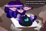 2025 3_toes 4_fingers absurd_res ambiguous_gender anthro big_tail black_diaper black_eyes blue_pupils blush blush_lines canid canine cave character_name claws clean_diaper clothed clothing confusion cute_fangs detailed_background dialogue diaper diaper_only diaper_puff english_text fangs feet fingers fur gameplay_mechanics gloves_(marking) hand_on_diaper hi_res inner_ear_fluff lock_symbol lying mammal markings on_back open_mouth pawpads pupils purple_body purple_fur purple_pawpads rapoof solo striped_markings striped_tail stripes tail tail_markings teeth text text_box toes topless touching_diaper trap_(contrivance) tuft twitter_handle wearing_diaper