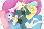  2girls :d absurdres anime_coloring artist_name barefoot bed_sheet black_corset blonde_hair body_pillow bow bowtie copyright_name copyright_notice corset cropped_jacket from_above green_eyes green_jacket green_skirt hair_bow hasegawa_shin'ya highres hugging_object interlocked_fingers jacket kurumi_mirai long_hair long_sidelocks long_sleeves looking_at_viewer looking_to_the_side lying mahoutsukai_ni_narenakatta_onnanoko_no_hanashi miniskirt multiple_girls newtype official_art on_back on_side outstretched_arms pillow pillow_hug purple_eyes purple_hair shirt short_hair sidelocks skirt smile stretching third-party_source very_long_hair white_bow white_shirt yellow_bow yellow_bowtie yuzu_ehderu 