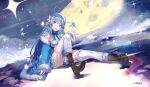  1girl ahoge beret black_corset blue_bow blue_bowtie blue_coat blue_hair blue_skirt boots bow bowtie braid breasts brown_boots center_frills cleavage_cutout clothing_cutout coat colored_tips commentary_request copyright_notice corset crossed_bangs double-parted_bangs flower frilled_shirt frilled_skirt frilled_thighhighs frills full_body fur-trimmed_boots fur-trimmed_coat fur_trim hair_between_eyes hair_flower hair_ornament half_up_braid hat heart heart_ahoge high_heel_boots high_heels hololive knee_up large_breasts long_hair looking_at_viewer miniskirt multicolored_hair off_shoulder official_art open_mouth plaid_bow plaid_bowtie plaid_clothes pleated_skirt pointy_ears shirt sitting skirt sleeveless sleeveless_shirt snowflake_hair_ornament snowflake_print solo streaked_hair thighhighs very_long_hair virtual_youtuber white_hat white_shirt white_thighhighs yellow_eyes yukihana_lamy yukihana_lamy_(1st_costume) yuugen 