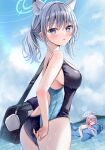  2girls adjusting_clothes adjusting_swimsuit animal_ear_fluff animal_ears ass bag bare_arms bare_shoulders bikini black_bag black_one-piece_swimsuit blue_archive blue_eyes blue_halo blush breasts closed_eyes commentary_request extra_ears from_behind grey_hair halo highres holding holding_bag hoshino_(blue_archive) hoshino_(swimsuit)_(blue_archive) inflatable_toy inflatable_whale large_breasts looking_at_viewer multiple_girls official_alternate_costume official_alternate_hairstyle one-piece_swimsuit open_mouth parted_lips pink_hair pink_halo ponytail revision sakura_hiyori shiroko_(blue_archive) shiroko_(swimsuit)_(blue_archive) solo_focus swimsuit wet white_bikini wolf_ears wolf_girl 