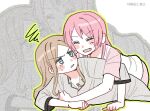  2girls bang_dream! bang_dream!_it&#039;s_mygo!!!!! blue_eyes blush brown_hair chihaya_anon closed_eyes commentary_request fang grey_shirt hug hug_from_behind korean_commentary long_hair multiple_girls nagasaki_soyo open_mouth pajamas pink_hair s0y0ring shirt sidelocks squiggle sweatdrop white_shirt yuri zoom_layer 