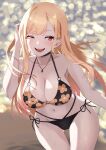  1girl ass_visible_through_thighs barbell_piercing bikini black_bikini black_choker blonde_hair breasts choker cleavage collarbone colored_tips commentary cowboy_shot ear_piercing earrings floral_print highres hoop_earrings jewelry kitagawa_marin large_breasts long_hair multi-strapped_bikini_bottom multicolored_hair navel open_mouth outdoors piercing pink_eyes print_bikini qmiopx shore side-tie_bikini_bottom smile solo sono_bisque_doll_wa_koi_wo_suru swimsuit thigh_gap water 