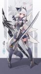  1girl absurdres alternate_costume arknights armor armored_boots armored_dress black_gloves black_hair black_thighhighs boots cape chinese_commentary closed_mouth colored_tips commentary_request copyright_name dress elbow_gloves frostleaf_(arknights) full_body gloves grey_boots grey_dress grey_hair grey_tail highres holding holding_weapon jiuyu_qame light_blush looking_at_viewer medium_hair monster_hunter:_world monster_hunter_(series) monster_hunter_world:_iceborne multicolored_hair red_eyes solo standing streaked_hair tail thigh_boots thighhighs vambraces weapon white_cape zoom_layer 