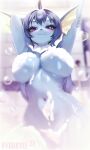 2025 absurd_res anthro anthrofied bathing big_breasts blue_body blue_hair blush breasts bubble convenient_censorship digital_media_(artwork) eeveelution evebevie eyelashes female female_anthro fin foam frill_(anatomy) generation_1_pokemon glistening glistening_body hair half-closed_eyes hi_res long_hair looking_at_viewer narrowed_eyes navel nintendo nude pokemon pokemon_(species) pokemorph purple_eyes raised_arms solo vaporeon wet wet_body